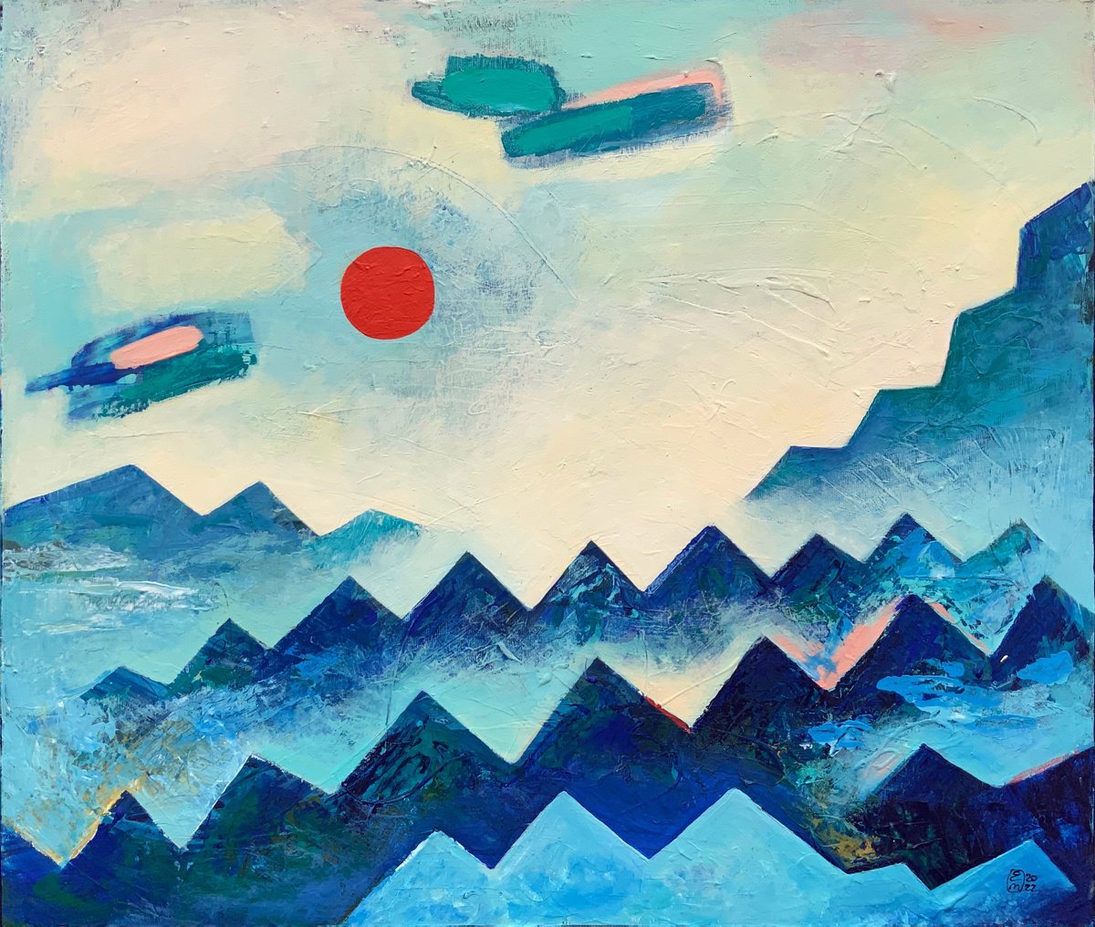 Geometric Landscape Acrylic Painting By Elena Tomilova, 28 X 24, Northern Mountains-1, Original Artwork
