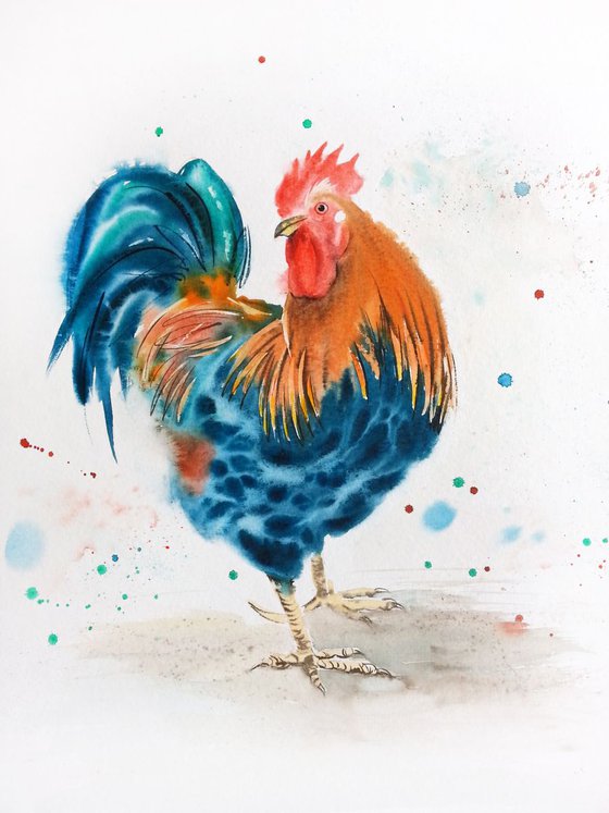 «The Boss» - rooster - country decor - farm art - bird art - rooster painting - farm decor - rooster watercolour