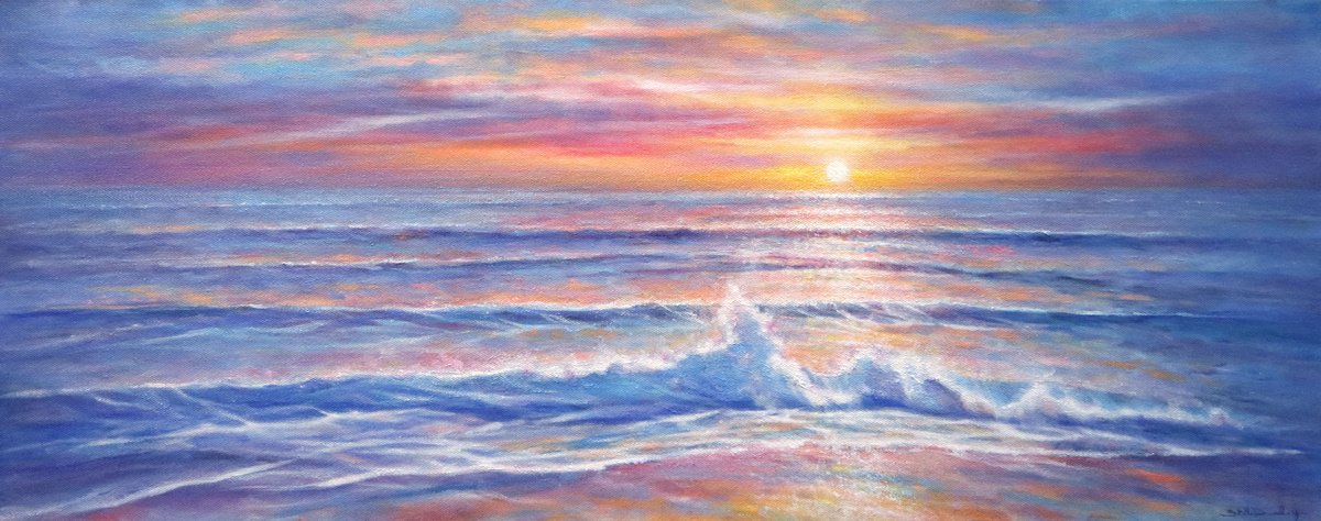 Impressionistic Landscape Oil Painting By Stella Dunkley, 30 X 12", Eternal Shore, Original Artwork