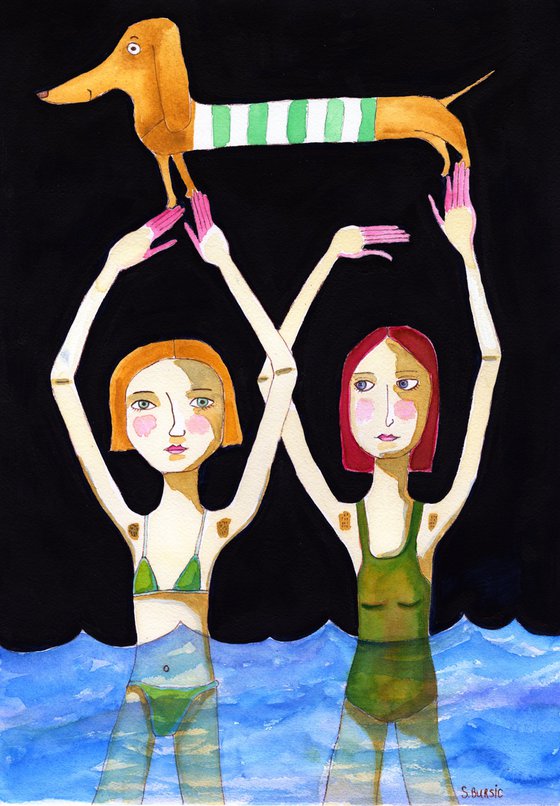 Swimming Ladies with Sausage Dog, Naive Figurative Quirky Art