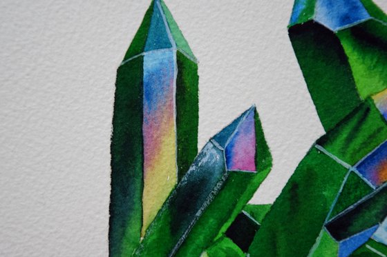 Crystal Painting, Green Quartz Art, Gemstone Watercolour Painting, Mineral Wall Art