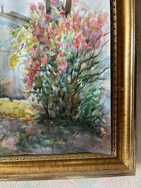 Ukrainian art - Flowering bush nearby an old house