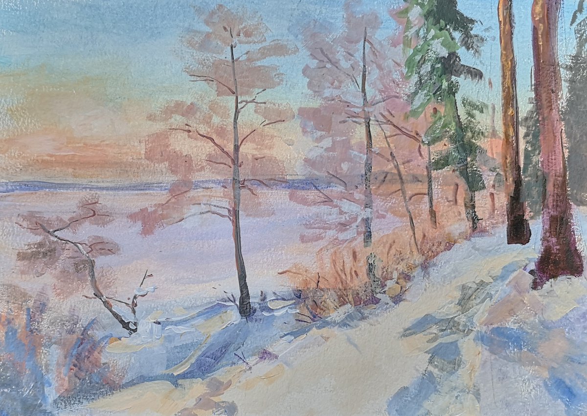 By the frozen lake (acrylic on paper painting) 11x15x0.1