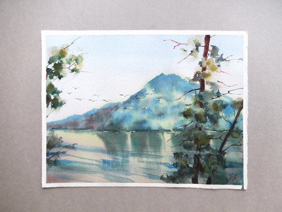 Lake and pines, Watercolor green landscape