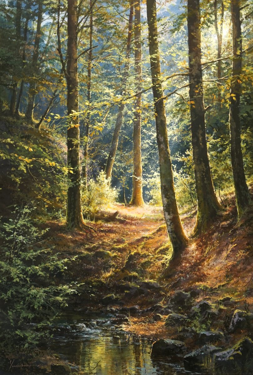 Photorealistic Landscape Acrylic Painting By Viktar Yushkevich Yuvart, 16 X 24", Forest Stream, Original Artwork