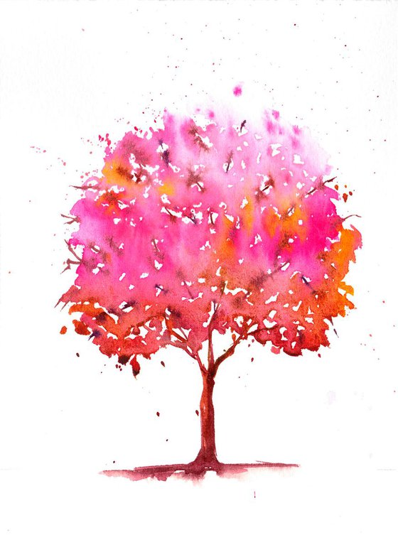 Rainbow Tree Spring - Original Watercolour Painting, Contemporary Spring Landscape, Loose watercolor, vibrant cheerful art