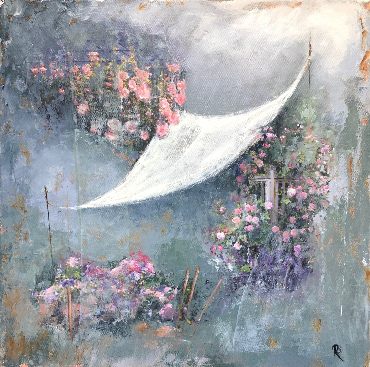 Organic Botanical Painting By Rebecca Pells, 16 X 16", Rose Tinted Sail, Original Artwork