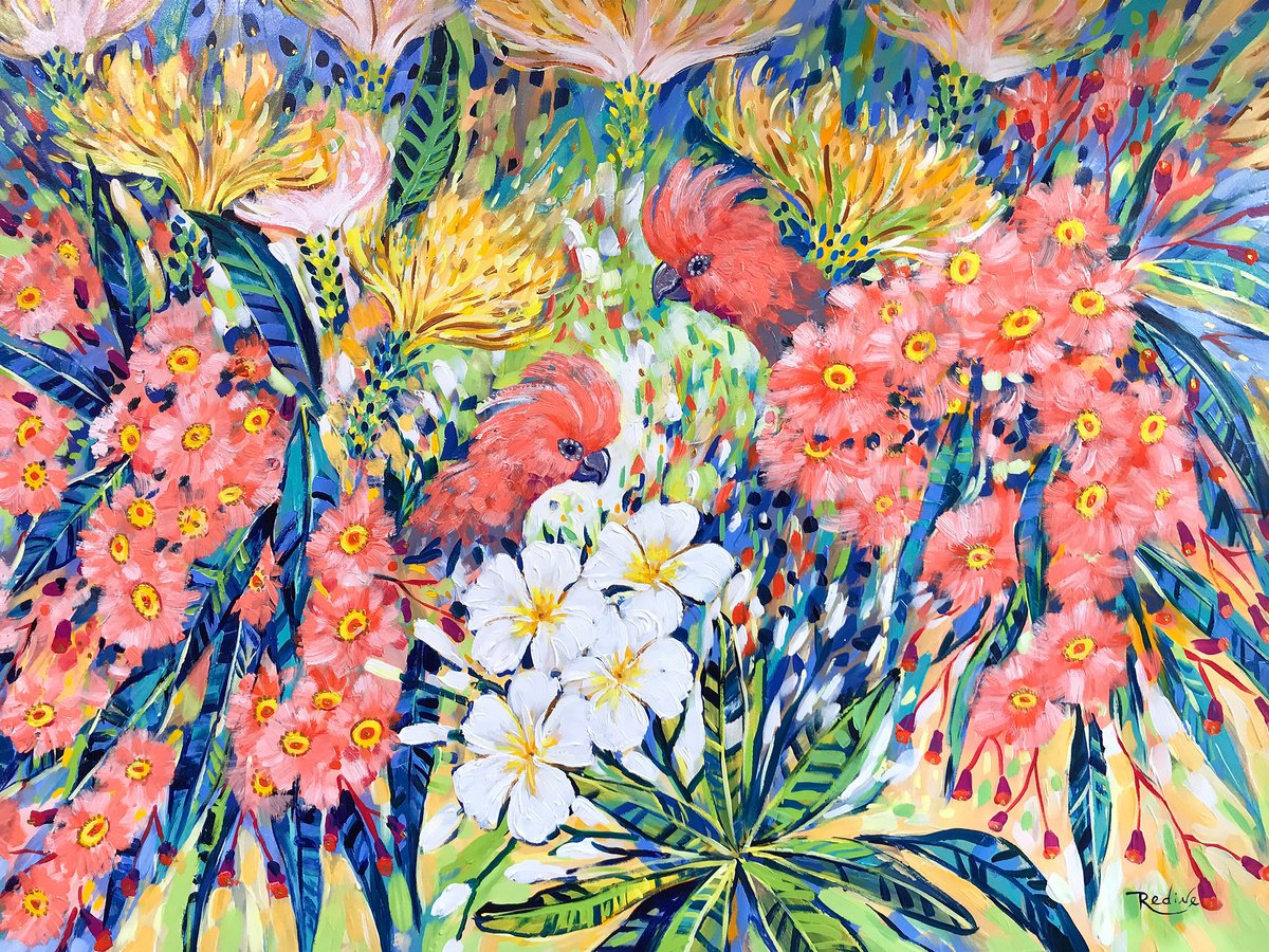 Impressionistic Botanical Acrylic Painting By Irina Redine, 40 X 30, Flowers And Pink Cockatoos, Original Artwork