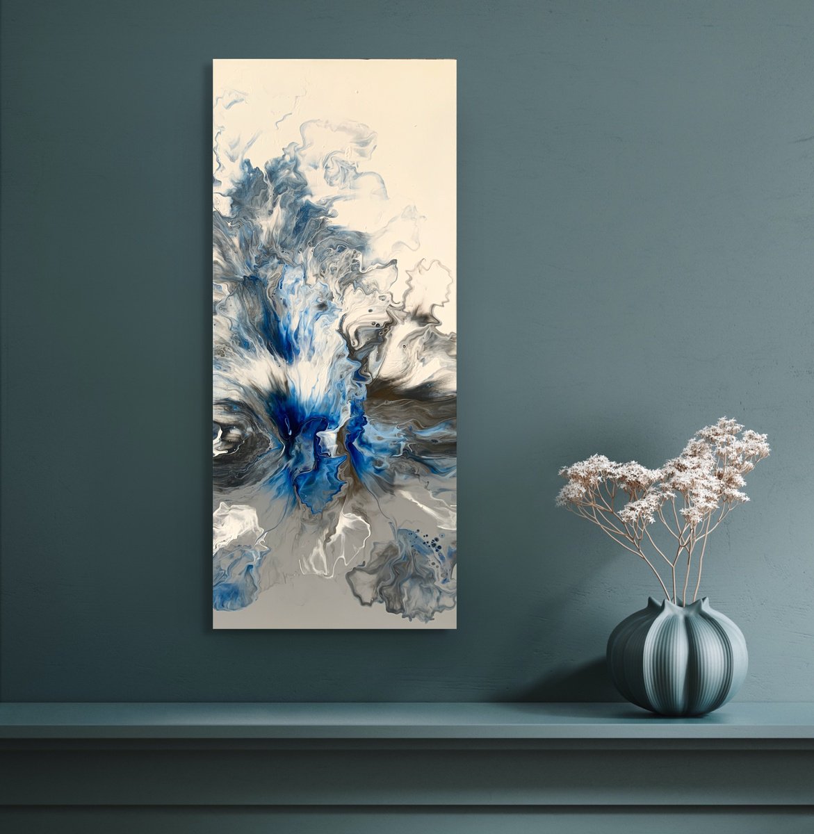 Blue White Gray explosion fluid art painting , Delicate and fresh artwork. by Marina Skromova