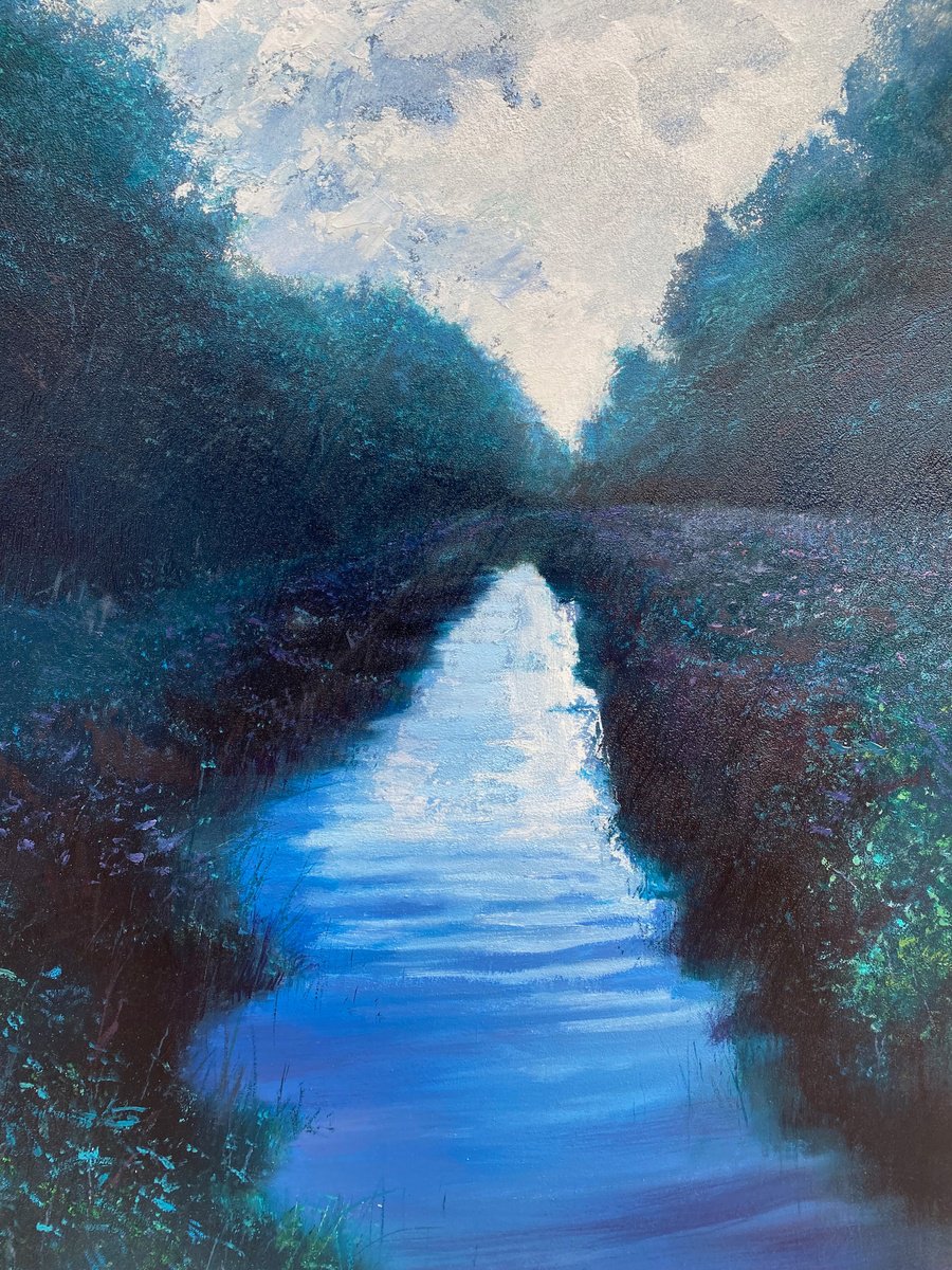 Impressionistic Landscape Oil Painting By Simon Jones, 18 X 24", Blue Moon Stream 1, Original Artwork
