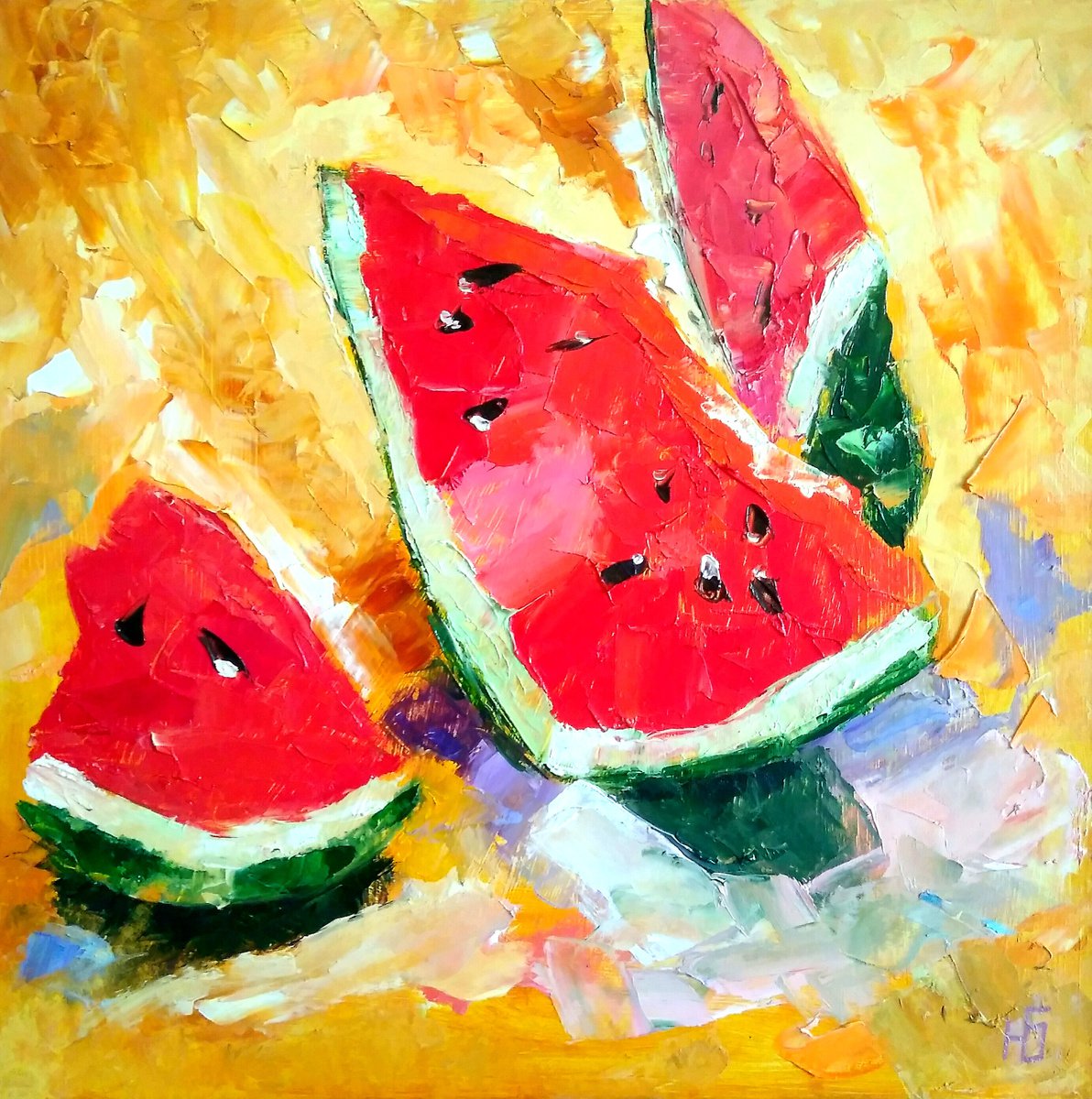 Watermelon Painting Original Art Fruit Artwork Still Life Kitchen Wall Art by Yulia Berseneva