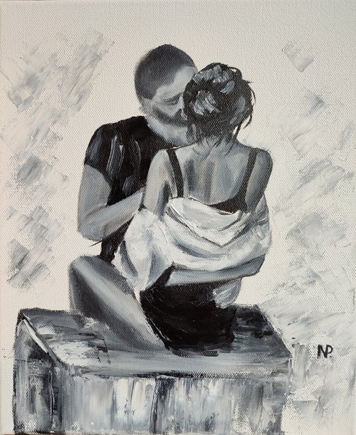 Beloved, original erotic nude oil painting, monochrome art, gift idea by Nataliia Plakhotnyk