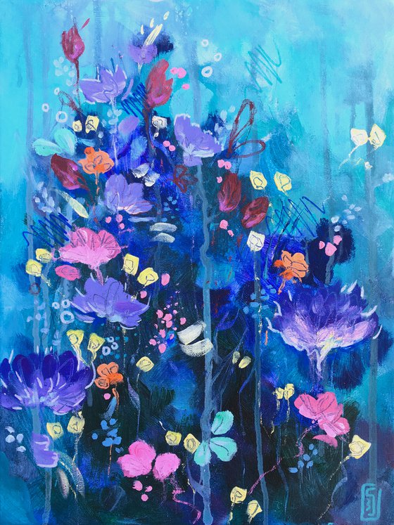 Deep blue abstract flower bouquet: Learning to fly 2