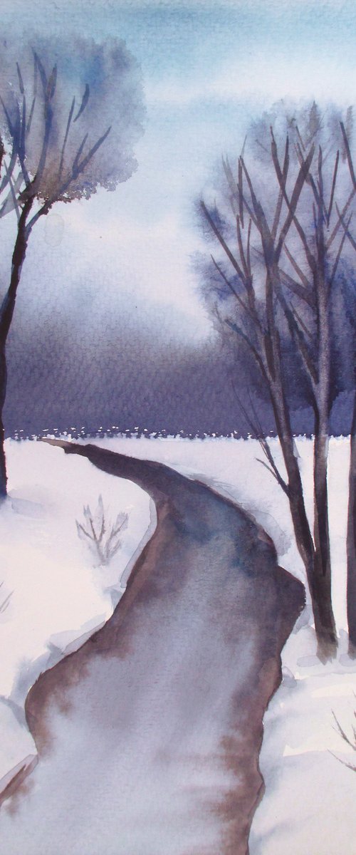 Blue landscape - watercolor painting by Julia Gogol