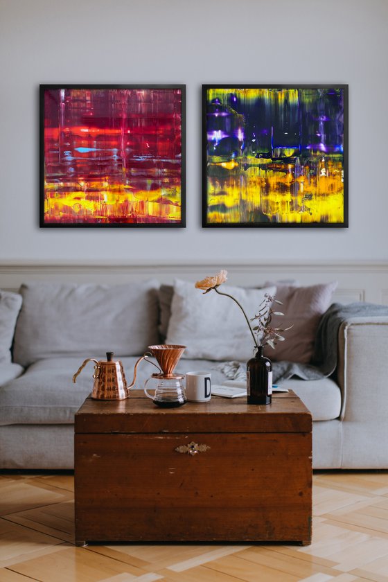 "The Bold And The Beautiful" - Save As A Series - Original PMS Abstract Diptych Oil Paintings On Plexiglass, Framed - 52" x 26"