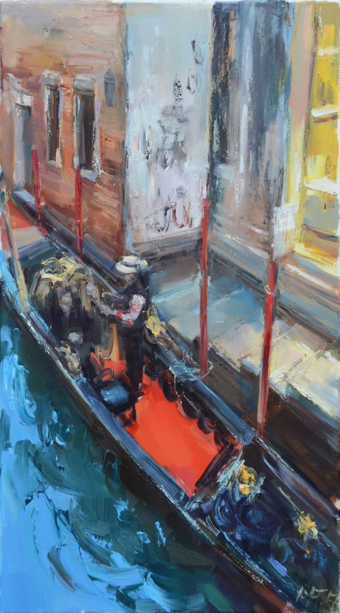 Impressionistic Cityscapes Oil Painting By Nelina Trubach-Moshnikova, 20 X 35", Gondolier, Original Artwork
