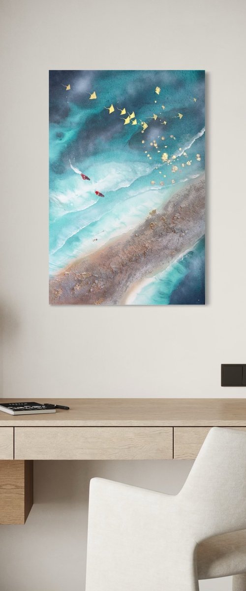 Teal Texture seascape with stingrays  1 90x60 by Marie Antuanelle