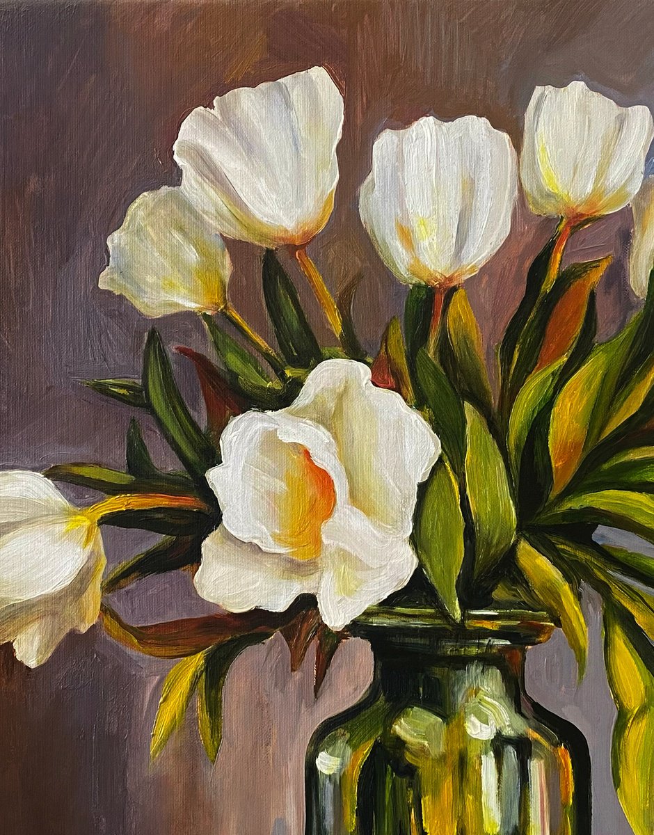 Impressionistic Botanical Oil Painting By Olga Gamy, 26 X 21", "White Tulips", Original Artwork