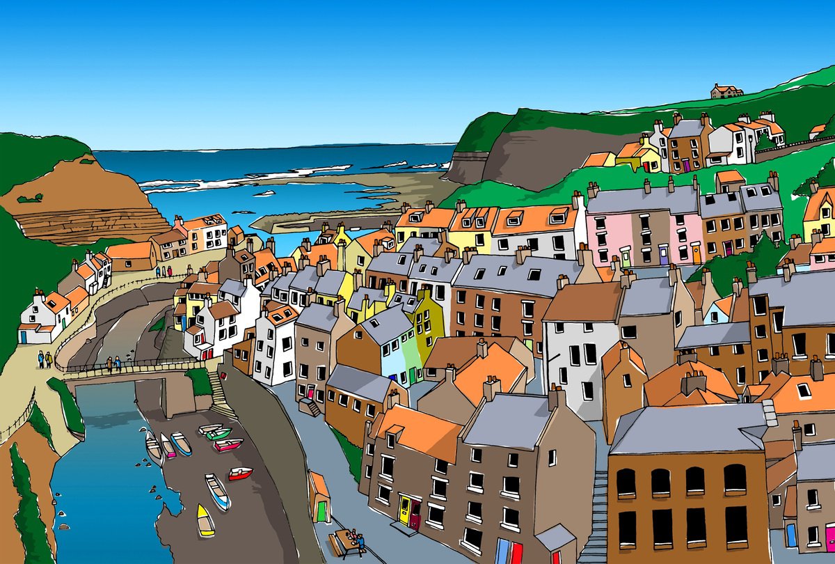 Illustrative Landscape Giclee Print By Nick Sellers, 17 X 12", Staithes (A3), Original Artwork