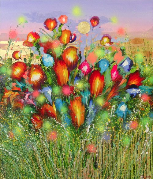 40" Summer flowers at sunset Large Painting by Irini Karpikioti