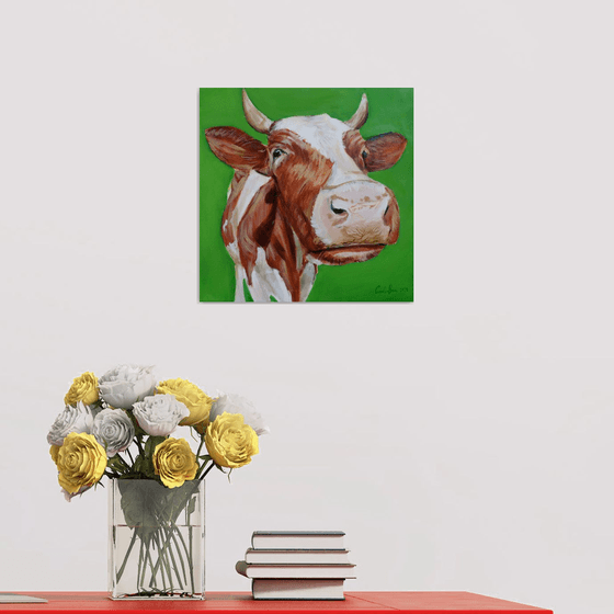 Cow portrait close up painting green background