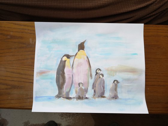 "Penguins" ( acrylic on paper) (13.5x17×0.1'')