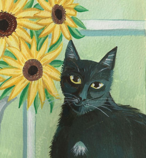 Black Cat with sunflowers