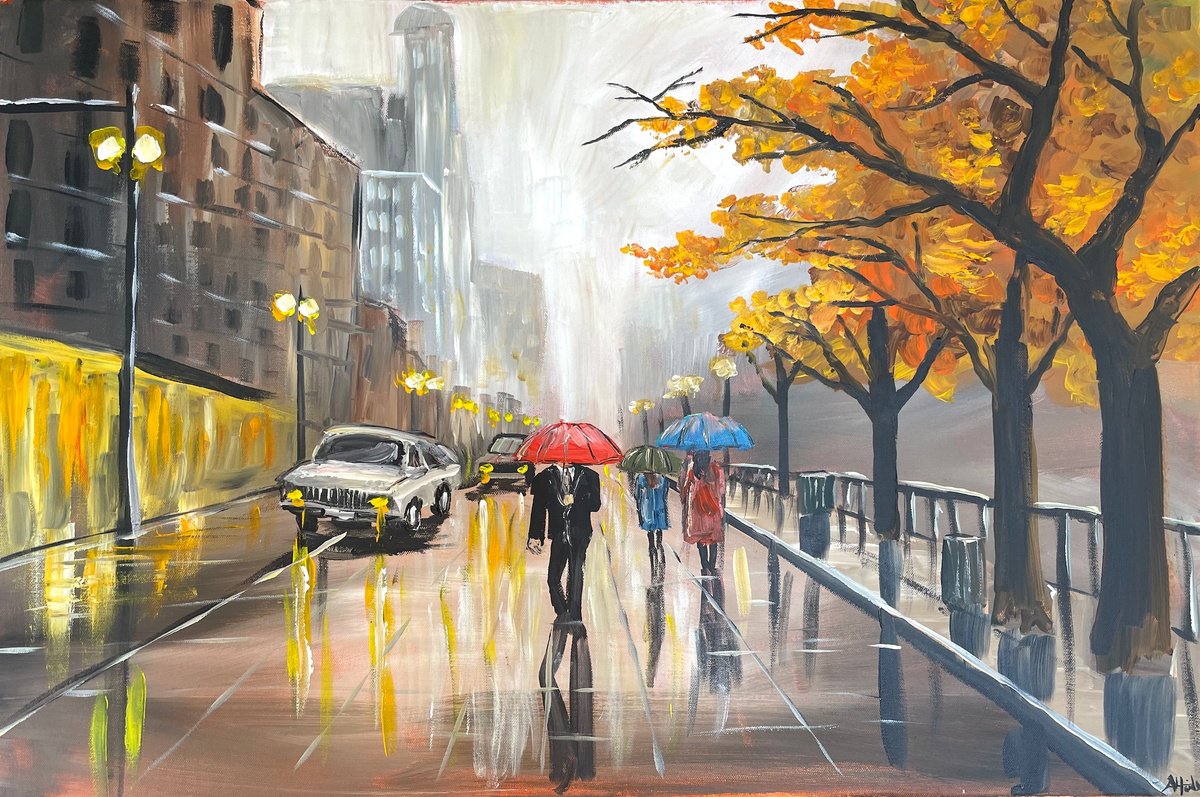 Impressionistic Landscape Acrylic Painting By Aisha Haider, 30 X 20, Rainy City Umbrellas, Original Artwork