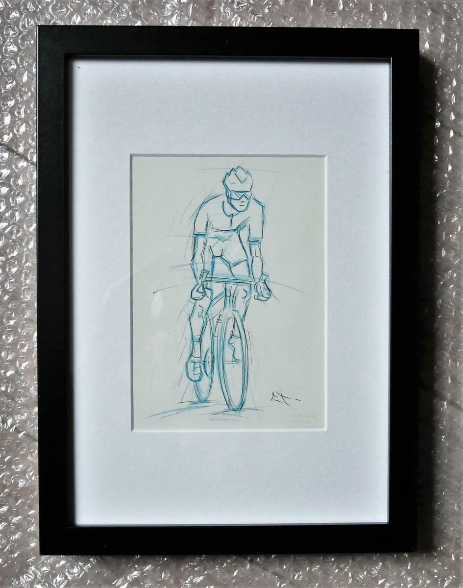 Expressive Portrait Pencil Drawing By Lionel Le Jeune, 9 X 13", Cycliste, Original Artwork