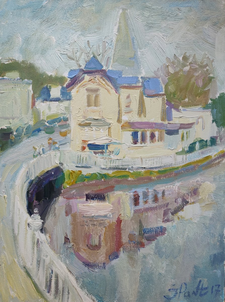 Impressionistic Landscape Oil Painting By Inna Pantelemonova, 12 X 16, Restaurant Over The Lake., Original Artwork