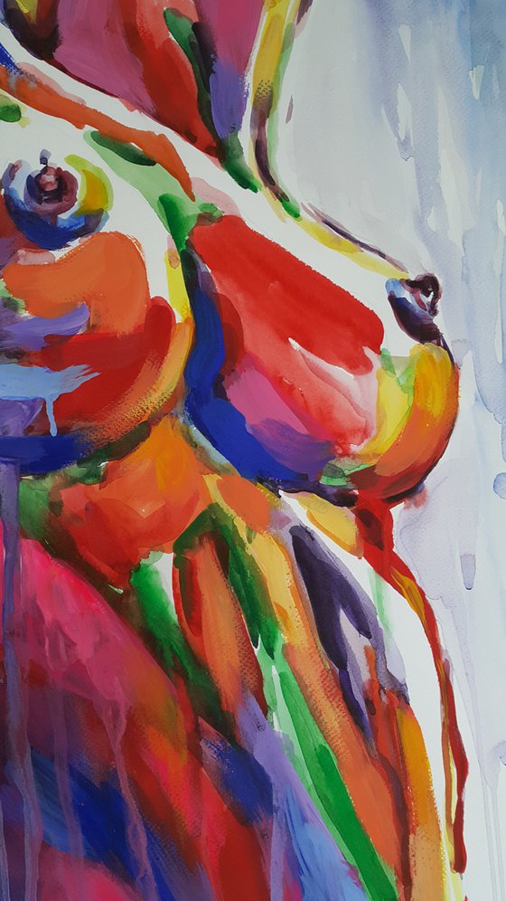 Passion - erotic, nude, woman, woman body, Mixed-media, girl, watercolor painting, acrylic, body