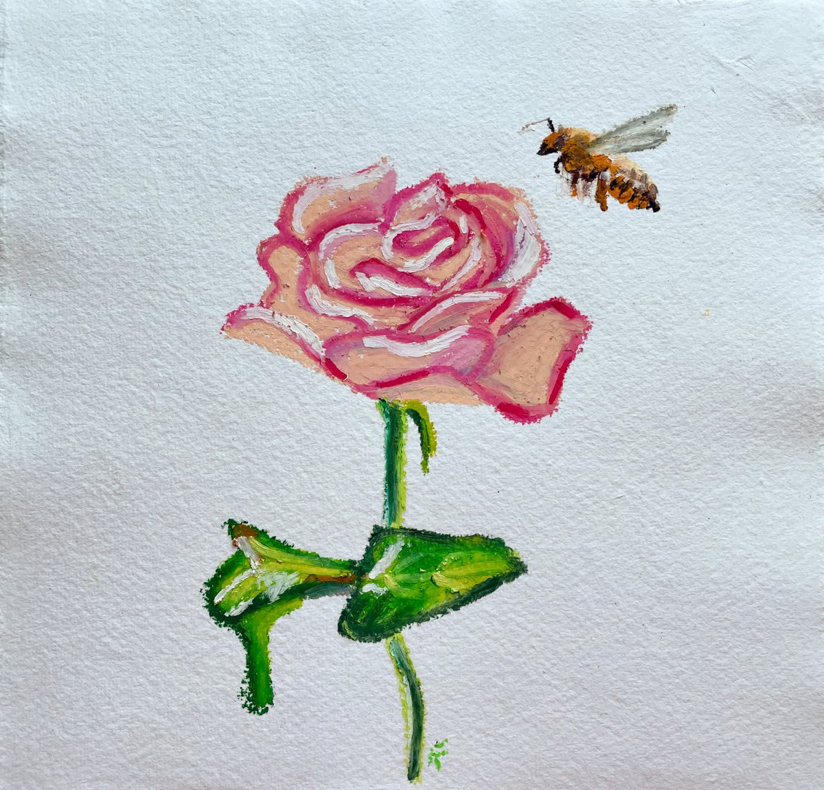 Rose Original Oil Pastel Painting, Bee Illustration, Valentines Day Gift for Her, Cottagec... by Kate Grishakova