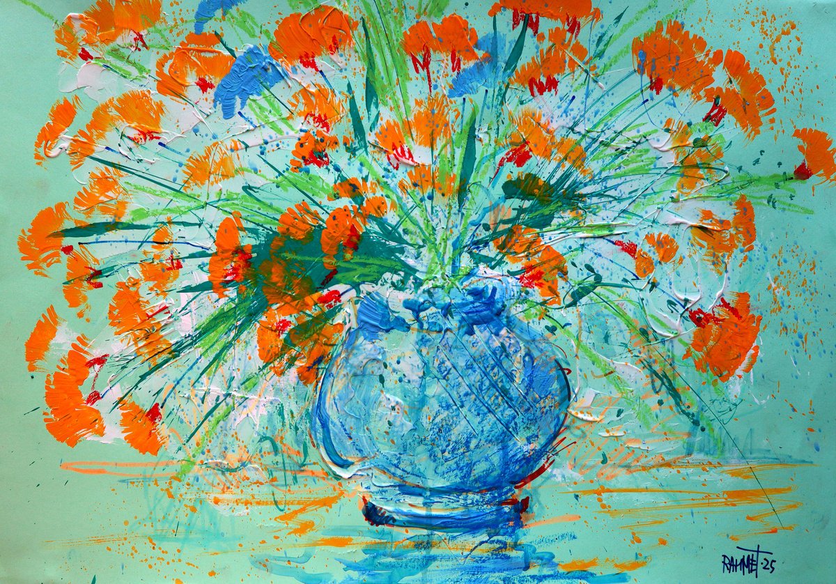 Impressionistic Botanical Acrylic Painting By Rakhmet Redzhepov, 23 X 17", Fantasy With Flowers 293, Original Artwork