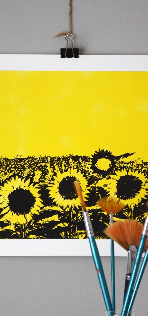 Yellow Sunflowers Field, handmade linocut art print, 2023, Open Edition. by Marin Victor