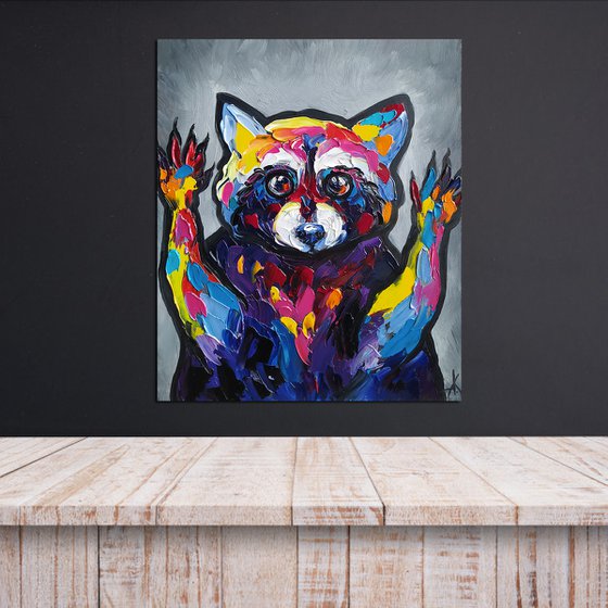 Raccoon - animal, funny animals, raccoon portrait, paws, raccoon paws, animals oil painting, for kids, for children, for child, gift idea