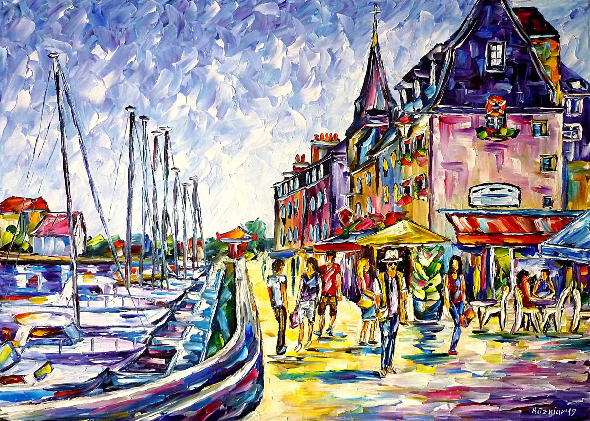 Expressive Cityscapes Oil Painting By Mirek Kuzniar, 28 X 20", At The Harbor Of Honfleur, Original Artwork