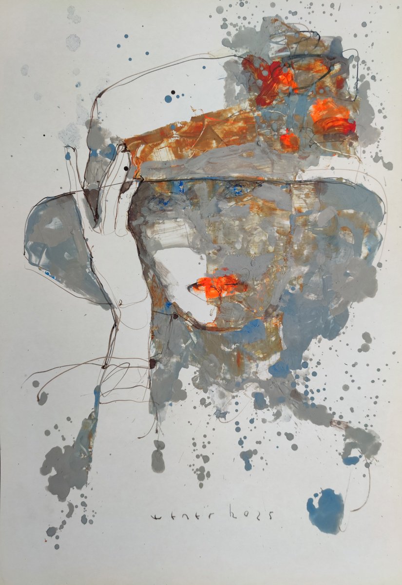 Expressive Portrait Acrylic Painting By Victor Sheleg, 13 X 18", Butterfly 2, Original Artwork