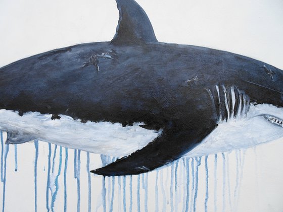 Large Abstract The Great White Shark. Acrylic painting on canvas. Ocean animals, black, white. Painting 61x91cm.
