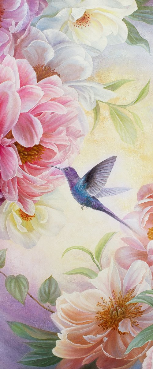 "Weightlessness", peonies with bird by Anna Steshenko