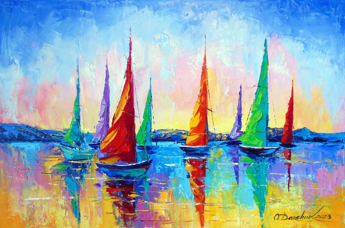 Impressionistic Landscape Oil Painting By Olha Darchuk, 24 X 16", Sailing Yachts, Original Artwork