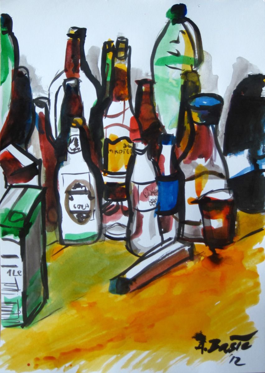 Impressionistic Still Life Ink Drawing By Aleksandar Basic, 12 X 17, Bottles, Original Artwork
