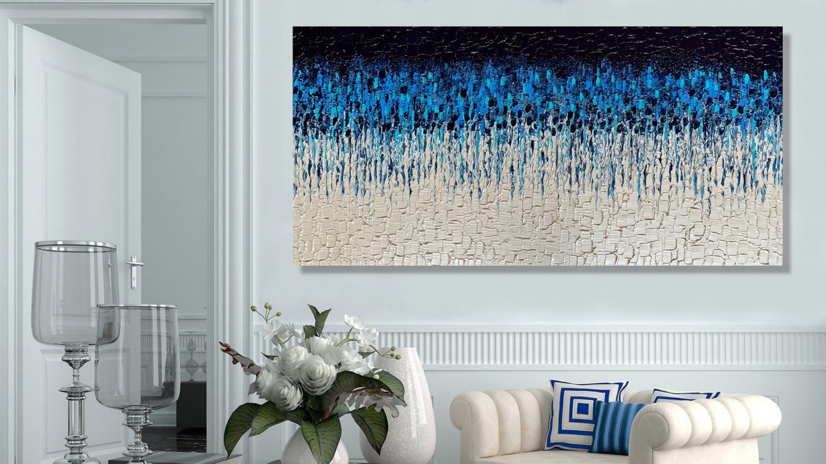 Abstract Acrylic Painting By Julijana Ravbar, 47 X 24", Cascade Of Blue #2, Original Artwork