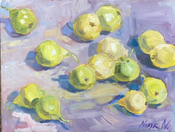 Yellow pears on violett