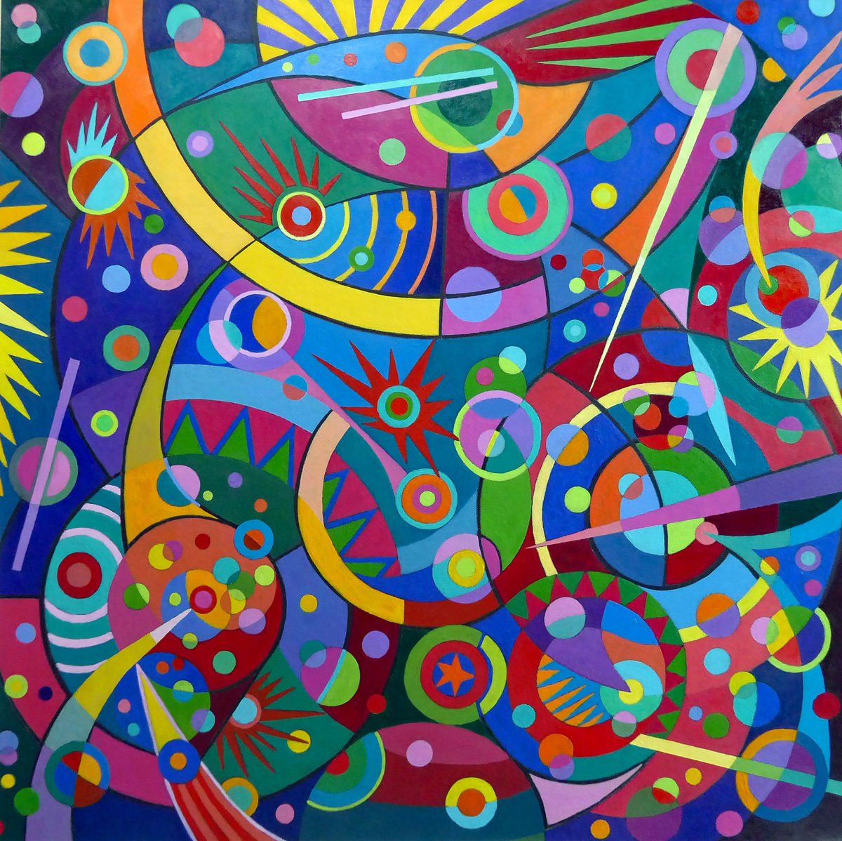 Geometric Landscape Acrylic Painting By Stephen Conroy, 39 X 39", Astral Dance, Original Artwork