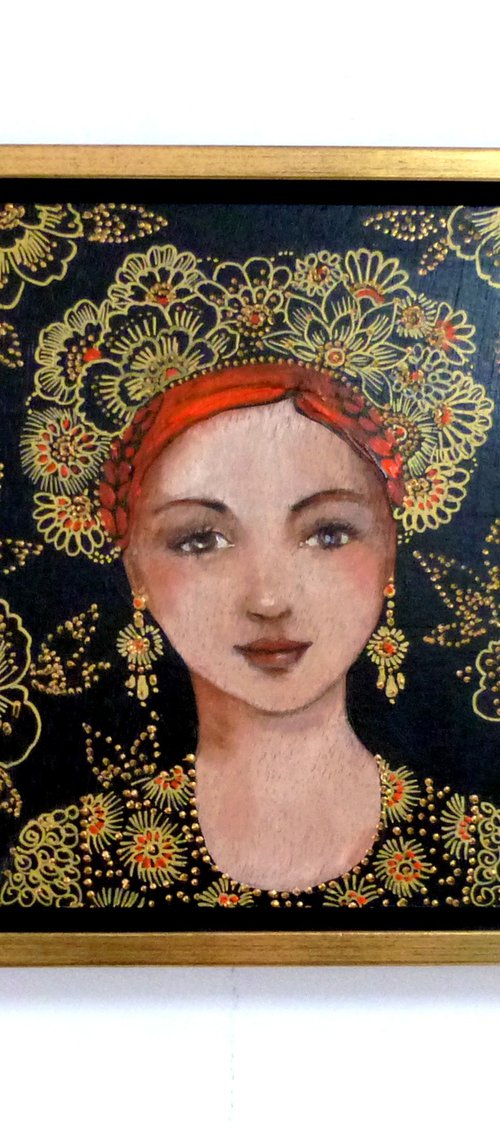 Slavic song. Female redhead icon on wooden panel 20 x 20 cm and frame. by Loetitia Pillault