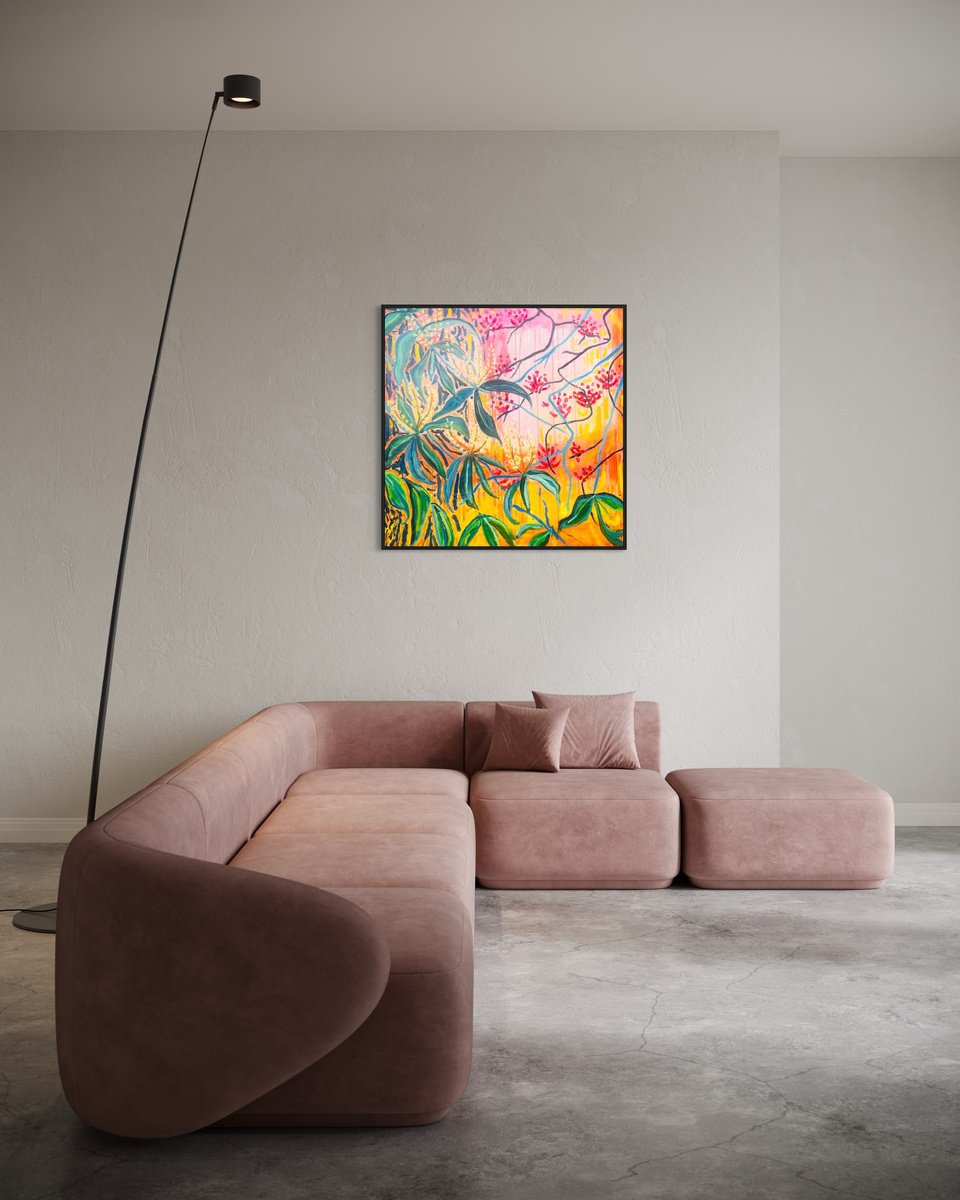 Expressive Botanical Acrylic Painting By Alice Gavin Atashkar, 41 X 41, Lean Into Joy...new Beginnings, Original Artwork