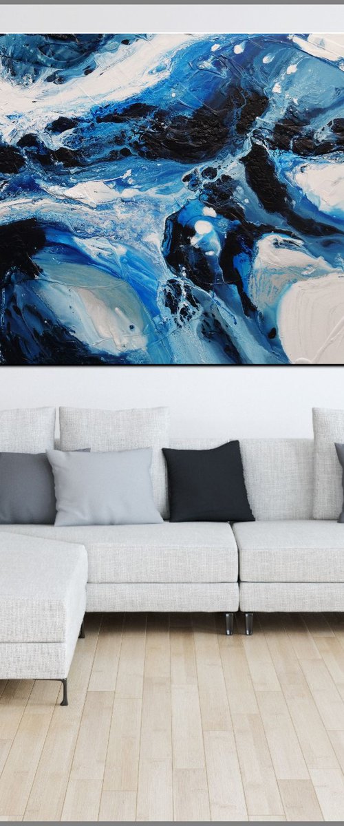 Hamptons Rush 190cm x 100cm Blue White Abstract Art by Franko
