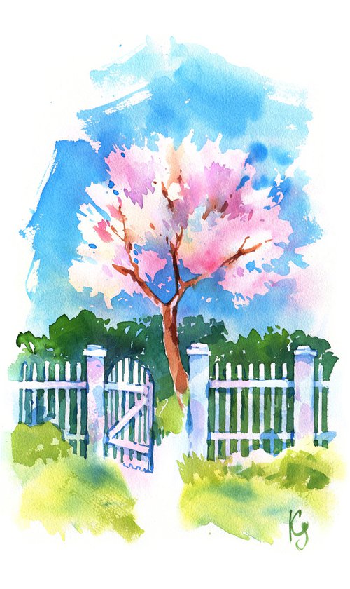 Bright landscape "Spring. Blooming apricot tree behind a white garden fence" original watercolor painting by Ksenia Selianko