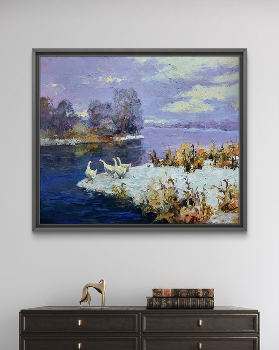 Geese On A Pond In Winter