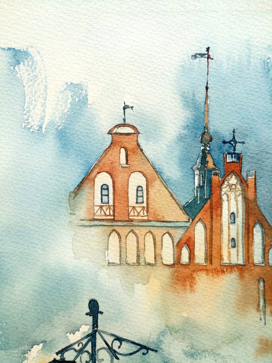 Architectural landscape "Kaliningrad. Clock Tower" original watercolor artwork